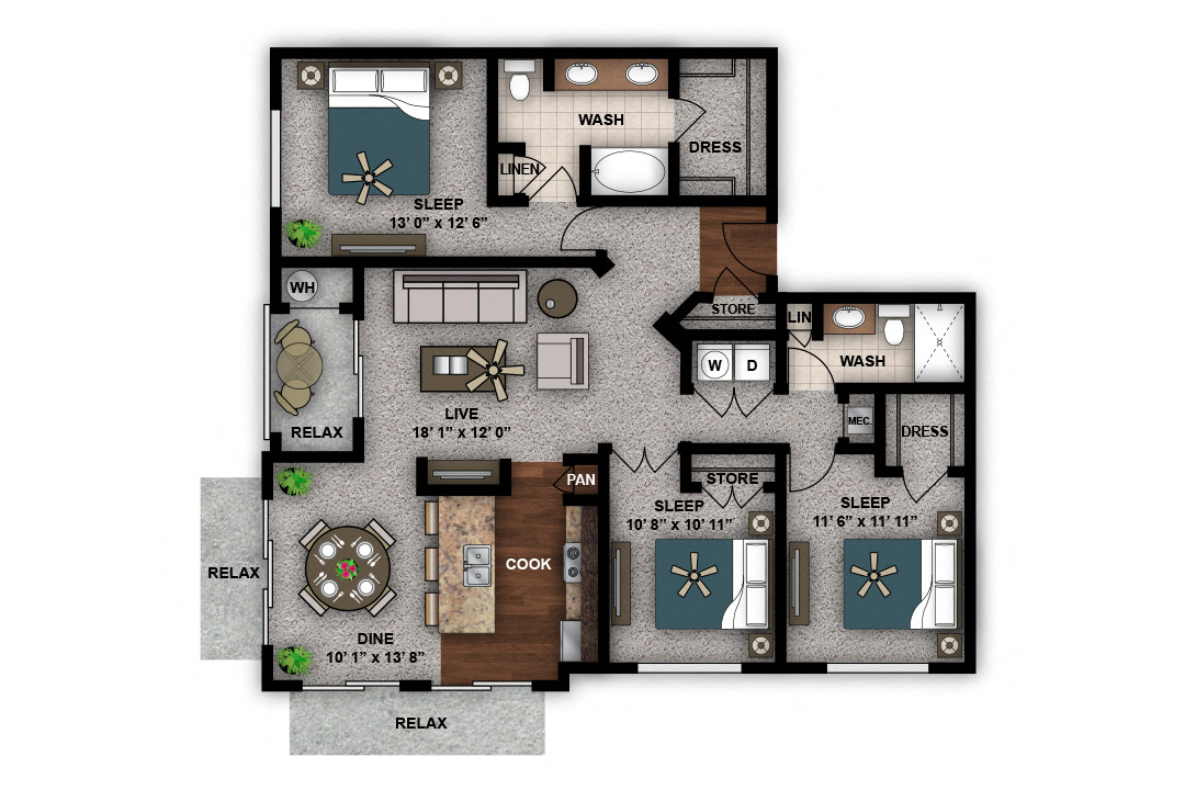 Floor plan for 3 beds, 2 baths, 1446 sqft